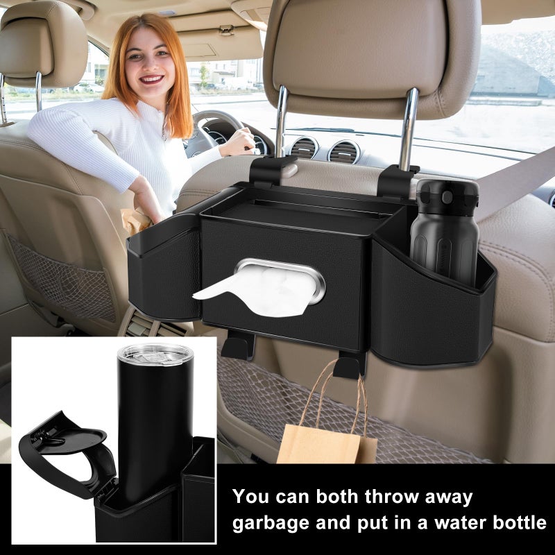 Hiitytin 7-In-1 Car Seat Back Organizer with Cup Holders  Tissue Box  Garbage Can&Hooks  Multifunctional Headrest Storage Organizer  Headrest Cup Holder for Backseat  Car Accessories for Trips  Travels(Black) - Image 5